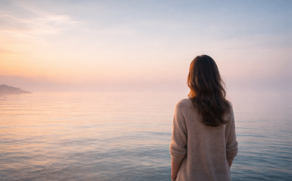 Frau schaut pber einen grossen See